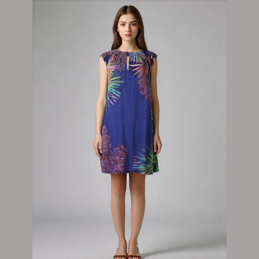Maggie L Royal Blue Tropical Print Dress Large
